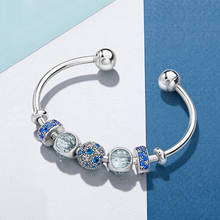 Conjunto de pulsera abierta de plata de ley 100% 925 para mujer, brazalete ajustable, Original, abalorio azul, regalo, novedad 2024 - compra barato