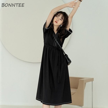 Vestido feminino de manga curta, vestido preto solto design de retalhos estilo coreano casual urbano simples 2024 - compre barato