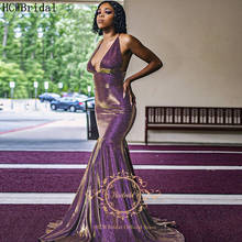 Блестящее фиолетовое сексуальное платье русалки с открытой спиной для выпускного вечера, длинное черное платье с лямкой на шее для девочек на выпускной, платье для выпускного вечера размера плюс, платье для свадебной вечеринки 2024 - купить недорого