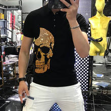 Men's Lapel Polo Shining Skull Colorful Rhinestone Cotton Fabric Short Sleeve Gradient Reflective Personality Shirt For Summer 2024 - buy cheap