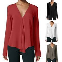 Модная женская блузка с V-образным вырезом, однотонная Осенняя женская Свободная блузка с длинным рукавом, Офисная рубашка высокого качества, оптовая продажа 2024 - купить недорого