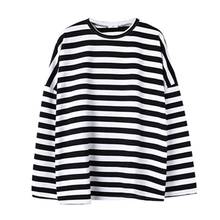 Autumn Spring Black And White Stripes T Shirt For Women  Loose Long Round Neck Collar Pullover Clothes  2024 - buy cheap