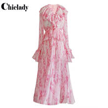 CHICLADY-Vestido largo con estampado Floral para mujer, vestido plisado de manga acampanada, con volantes, color rosa, para primavera y otoño 2024 - compra barato