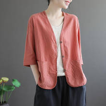 Summer Arts Style Women Half Sleeve Loose Striped Shirts Double Pocket Cotton Linen V-neck Vintage Blouse Femme Tops M152 2024 - buy cheap