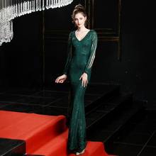 Beauty-Emily Ribbons V Neck Long Sleeve Evening Dresses Sequins Mermaid Formal Party Dress Prom Gowns Luxury Pageant Dress 2020 2024 - buy cheap