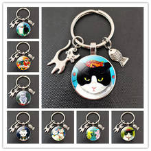 2020 black and white cat glass cabochon keychain, cat and fish glass round keychain, is a beloved gift for family and friends 2024 - buy cheap