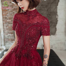 SSYFashion New Luxury Wine Red Evening Dress Vintage High Neck Sequins Beading Long Prom Dresses Formal Gown Vestidos De Noche 2024 - buy cheap