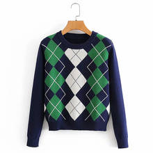 Pulôver roupa de malha vintage feminino suéter feminino argyle manga comprida inverno azul casual blusa 2024 - compre barato