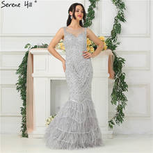 New Silver Perspective Sexy Mermaid Evening Dresses Diamond Feathers Fashion Luxury Formal Dress 2021 Serene Hill LA6654 2024 - buy cheap