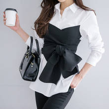 Blusa de manga larga con lazo atado para mujer, camisa de talla grande a rayas para oficina, trabajo, 2 piezas, 2021 2024 - compra barato