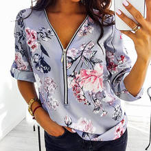 Camiseta feminina manga comprida zíper, camiseta feminina casual folgada com zíper estampa floral plus size # t1g 2024 - compre barato