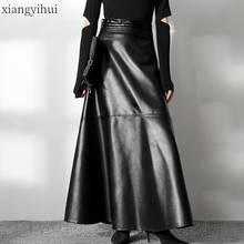 Женская длинная юбка из ПУ кожи, черная Повседневная трапециевидная юбка с высокой талией и молнией на зиму 2024 - купить недорого