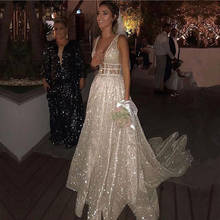 Блестящее Тюлевое свадебное платье с открытой спиной, V-образным вырезом, в стиле бохо, без рукавов 2024 - купить недорого