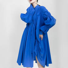 WQJGR-Vestido largo de manga larga con cuello mandarín para mujer, maxivestido azul con pliegues, moda de primavera, 2021 2024 - compra barato