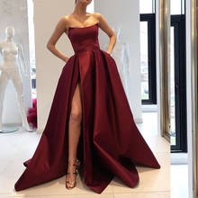 Borgonha cetim vestidos de baile com bolsos lado fenda strapless elegante longo vestidos de festa de noite vinho vermelho vestido formal feminino 2024 - compre barato
