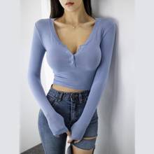 Camiseta básica ajustada Sexy para mujer, camiseta de manga larga con botones de Color sólido, camisetas para mujer 2021 2024 - compra barato