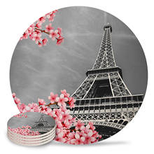 Cherry Blossom Paris Tower Ceramic Coasters Waterproof Tea Cup Mat Christmas Home Decor Coasters for Glasses 2024 - buy cheap