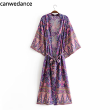 2021 verão vestido de quimono feminino do vintage chique roxo floral impressão faixas boêmio maxi hippie vestido batwing manga rayon robes 2024 - compre barato