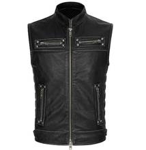 Mens Real Stand Collar Motorcycle Biker Waistcoat Vest Genuine Leather Cowhide Vintage Zipper Pockets Sleeveless Jackets 2024 - buy cheap