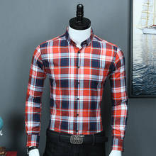 Мужская деловая рубашка в клетку с длинным рукавом, удобная повседневная рубашка из 100% хлопка с воротником на пуговицах 2024 - купить недорого