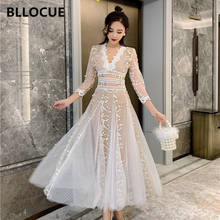 BLLOCUE женские туфли в Корейском стиле семи-четверти рукав, узор в горошек, платье с вышивкой, 2020 весенние пикантные элегантное платье для женщин с v-образным вырезом Вечерние Длинное Платье 2024 - купить недорого