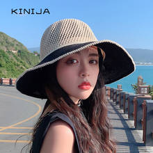 Bucket hat summer women fedora hat knit Color contrast hollow out straw cap Korean fashion beach bow large brim fisherman hat 2024 - buy cheap