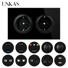 UNKAS Dual EU Black Glass Panel Socket + HDMI-Compatible Port USB TV RJ11 Telephone RJ45 Computer Dimmer Fan Regulator Switch 2024 - buy cheap