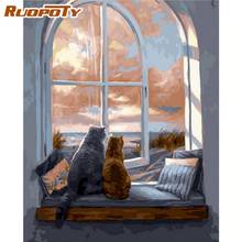 RUOPOTY-pintura al óleo por números, cuadro pintado a mano, 60x75cm, enmarcado, Gatos en la ventana, Animal, imagen por número, decoración para el hogar y la sala de estar 2024 - compra barato