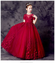 Vestido de tul rojo para niñas, traje elegante de flores para niñas, bordado de flores, vestido de fiesta para niños, vestido de boda y comunión 2024 - compra barato