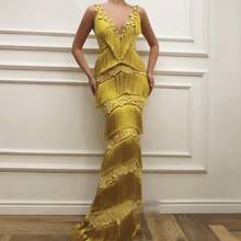 Robe de soiree желтое длинное вечернее платье русалки с кисточками для особых случаев шикарное торжественное платье с v-образным вырезом элегантное платье ручной работы с цветами 2024 - купить недорого