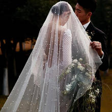 Вуаль свадебная длиной 3 м с жемчугом, без гребня, однослойная Фата для церкви, с хрустальными бусинами 2024 - купить недорого