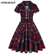 Retro Vintage Women Summer Women Dress 2021 Plaid Printed England Style Large Size Sundress 50s 60s Pin Up Swing Casual Dresses 2024 - buy cheap