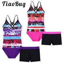 TiaoBug-Tankini Floral para niños y adolescentes, Tops de baño con tirantes finos, pantalones cortos, traje de baño, conjunto de Bikini 2024 - compra barato