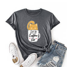 Camiseta de algodón con estampado de gato y café para mujer, ropa informal de manga corta, con estampado de gato y café, para verano, 2021 2024 - compra barato