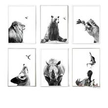 Lion Rhinoceros Raccoon Bird Wall Art Canvas Painting Nordic Posters And Prints Black White Animal Wall Pictures Kids Room Decor 2024 - buy cheap