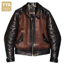 High Quality Mens Genuine Leather Jacket Vintage Cowboy Cowhide Coat Long Sleeve Splicing Mixed Colors Motorcycle Bikers Jackets 2024 - buy cheap