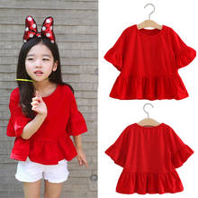 Fashion kids Children Clothing Tops Girls Korean Summer Spring Red Trumpet Sleeves Shirt T-shirt 2024 - buy cheap
