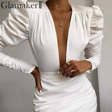 Glamaker Pleated elegant white office wear short dress Women long sleeve bodycon dress Vintage night party club sexy mini dress 2024 - buy cheap