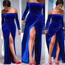 Evening Dresses Royal Blue Strapless Velvet Long Sleeve Side Split Mermaid Prom Gown 2020 Off Shoulder Formal Party Dresses 2024 - buy cheap