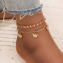 2 Pcs/Set Fashion Women Anklets Set Square Pink Crystal Butterfly Tassel Pendant Gold Anklet Exquisite Summer Sandals Jewelry 2024 - buy cheap