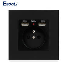 Esooli-enchufe de pared eléctrico estándar francés, Panel de plástico negro, adaptador de cargador de pared con 2 enchufes USB, 86x86mm 2024 - compra barato