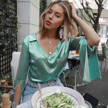 2021 manga longa cetim blusa feminina elegante sexy verde outono de seda feminina camiseta vintage casual com decote em v solto senhoras topos 2024 - compre barato