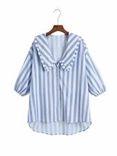 Camisa de manga corta para mujer europea y americana, Top a rayas azules y blancas con cuello de bebé, novedad de primavera 2021 2024 - compra barato