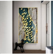 Cuero dorado, árbol, ciervo, Grulla Coronada roja, porche abstracto moderno, imágenes decorativas para sala de estar, mural artístico de seda voladora de alce 2024 - compra barato