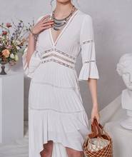 Women Dress 2020 Early Spring / Summer New Style Embroidered  Hollow Out V-neck Asymmetrical Midi Dress 2024 - buy cheap