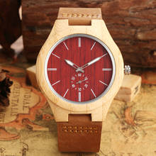 Concise Quartz Analog Men's Wooden Watch Red Dial Custom Wood Watches Fashionable Brown Leather Wristwatch Wooden herren uhren 2024 - buy cheap