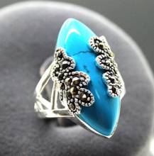 Free shipping wholesale Rare Vintage Style Blue Natural jade & Marcasite 925 Silver Ring Size 7.8.9.10 2024 - buy cheap
