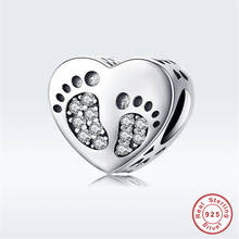 Pulsera fit Europa de plata 925 Original CZ, cuentas de corazón con huella de niño, S925, dijes de pista de pies de bebé para la fabricación de joyas 2024 - compra barato