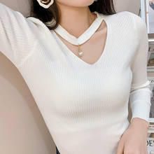 LJSXLS-Tops coreanos para mujer, suéter de punto con cuello de pico, suéter de manga larga 2020, suéteres suaves para mujer negros, blancos, grises 2024 - compra barato