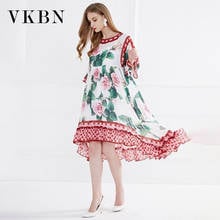 VKBN 2021 Spring and Summer Half Sleeve Dress Women New Fashion Round Neck Flower Print  Loose Waist Woman Dress 2024 - buy cheap